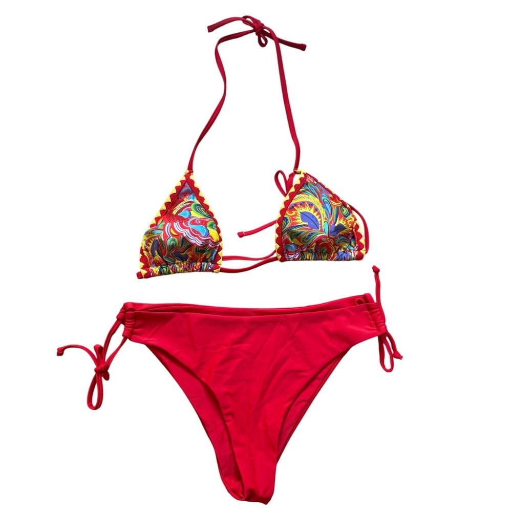 Bikini Set Women Red Paisley Triangle Top Side Tie Bottoms‎ SIZE S